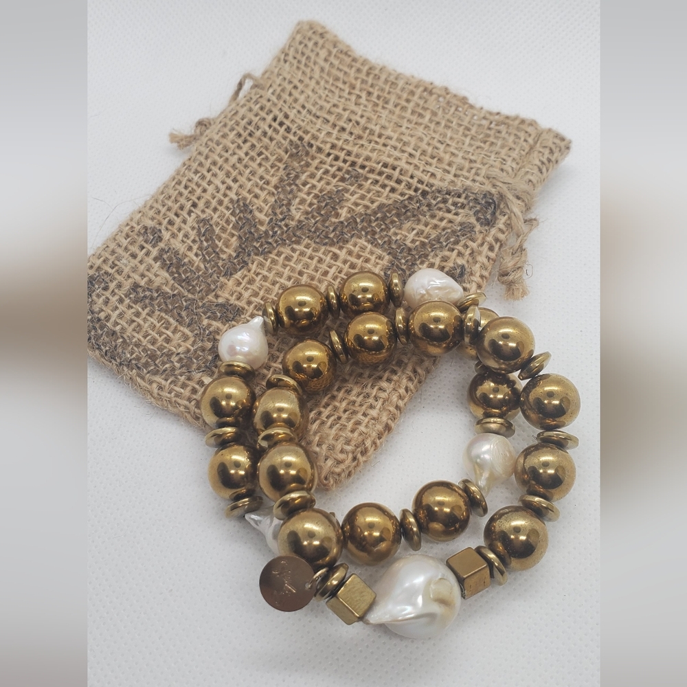 Giulia bracelets-set 2-handmade gold Hematite bracelet baroque fresh water pearl - Picture 5 of 5